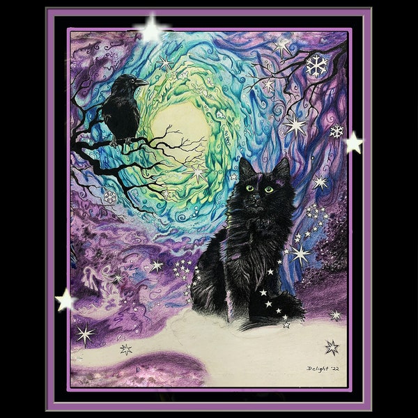 Midnight Companions, 8x10 frame size, double faux mat, frame ready, Raven and black cat, Midnight magic, full moon, black cat, raven, crow