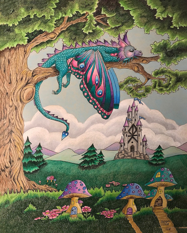 Daydreams, 11x14 print, double matted, limited edition, hand signed, frame ready, standard size, sleeping dragon, castle and dragon, dragon image 1