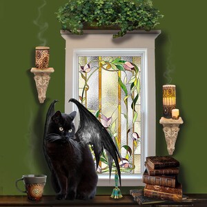May include: A black cat with bat wings sits on a wooden surface in front of a stained glass window. The window features a floral design with pink and purple flowers. There are candles and books on shelves on either side of the window.