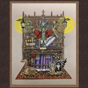 May include: A green dragon wearing a purple robe and a white fur collar sits at a desk in a library. The dragon is writing in a book. There are bookshelves behind the dragon, and a few cats are sitting on the floor in front of the desk. The text "Dragon Scholar" is written at the bottom of the image.