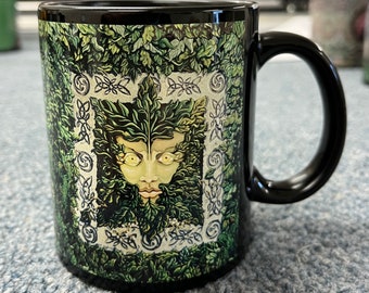 Greenman, 11 oz mug, ceramic mug, dishwasher proof, microwave proof, dye sublimation, black mug, lord of the forest, forest protector,