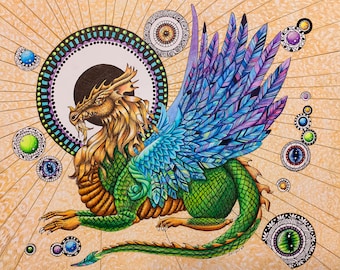 Dragon's Lair, dragon, winged dragon, dragons, beautiful dragon, complex dragon, pen and ink, colored pencil, feather wings, noble dragon