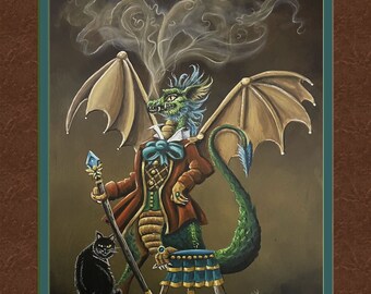 Court Draco, 8x10 print, dragon art, dragon print, victorian dragon, dragon, dragon and black cat, ready for an 8x10 frame. faux mat.