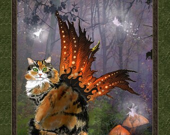 The Calico Cat, an 8x10 print, calico cat, winged cat, cat art, cat print, whimsical creature, whimsical cat, whimsical calico, wing calico