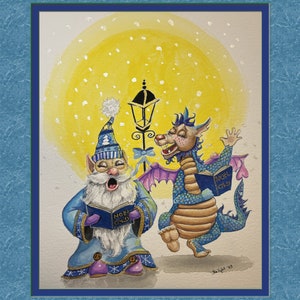 May include: A watercolor painting of a gnome and a dragon singing Christmas carols. The gnome is wearing a blue robe and a tall hat. The dragon is wearing a blue and green robe and has wings. They are both holding open books with the word "Noel" on them. The background is a yellow sky with white snowflakes.