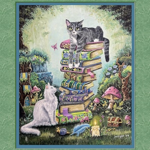 May include: A whimsical painting depicts two cats in a magical forest setting. One cat sits atop a stack of colorful books, while another sits on the ground. The scene includes mushrooms, a waterfall, a treasure chest, and a lit candle.