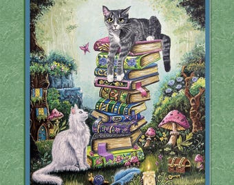 Cat Tales, 8x10 print, gray cat, white cat, book stack, fantasy landscape, magical books ready for an 8x10 frame. faux mat.