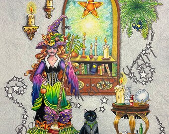 Witch Upon a Star, tamaño 11x14, doble estera, respaldo, manga de plástico transparente, marco listo, bruja buena, bruja hermosa, bruja y gato, gato negro