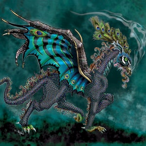 May include: A fantasy dragon with peacock feathers and iridescent blue and green wings. The dragon has a black and blue scaly body and a fierce expression.