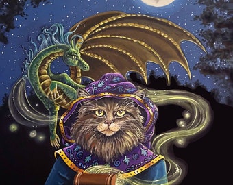 Spellbound. 8x10 print, double matted to an 11x14 frame size, limited edition, Cat wizard opening a magic dragon box