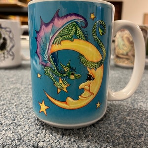 Hi There, 15 oz mug, ceramic mug, dishwasher proof, microwave proof, dye sublimation, Cute dragon saying hello to the moon. dragon and moon