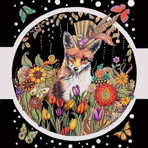 May include: A whimsical illustration of a fox wearing a top hat with gears and feathers, surrounded by colorful flowers and tulips. The fox is in a circle on a black background with white polka dots.