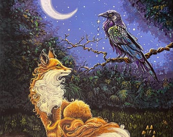 The Gift 8x10 print, double matted to an 11x14 frame size, limited edition, crow and fox