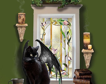 Bell, Book and Candle, 11x14 print, limited edition, double matted, frame ready, standard size, hand signed,  wiccan fantasy, winged cat,