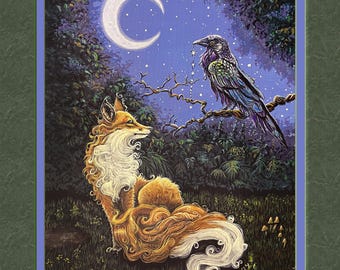 The gift, 8x10 print, crow offering a fox a string of stars against a night sky. ready for an 8x10 frame. faux mat.