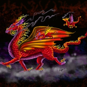 Red Dragons, 11x14 size, double mat, backed, clear plastic sleeve, frame ready, Mama dragon, baby dragons, red dragons, running dragons,