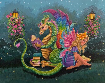 Book Nook, American trading card, great for albums, trading, small places, table frames, fairy and dragon, fairy reading, dragon reading,