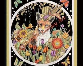 Foxy, 8x10, steampunk fox, zentangle flowers, fox art, fox drawing, colored pencil fox, fox and flowers, cute fox, zentangle garden, redfox,