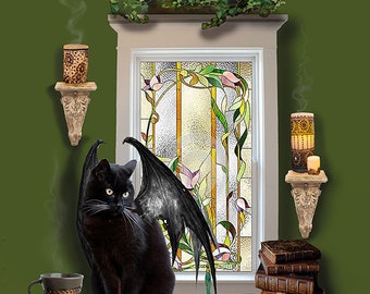 Bell, Book and Candle, 16x20 print, limited edition, hand signed, standard frame size, frame ready, black cat, winged cat, stained glass