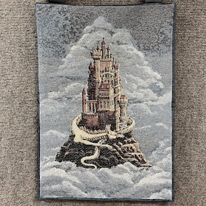 Protector Tapestry, 12x18 tapestry, dragon and castle, castle and dragon, dragon tapestry, wall hanging, wall tapestry, wall decor, tapestry