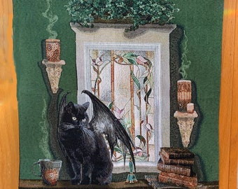 Bell Book and Candle, tapestry, 18x26, black cat, winged cat, bell, book, candle, black winged cat