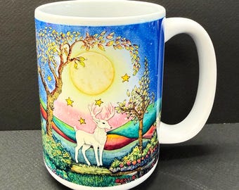 White Stag, 15 oz ceramic mug with dye sub picture of my artwork