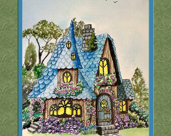 Gnome Home, 8x10 frame size, double faux mat, frame ready, woodland cottage, magic cottage, hidden cottage, forest cottage, gnome home