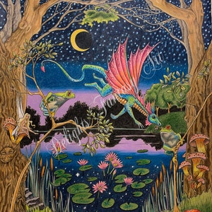 Twilight Pond, neoprene mouse pad, dragon flying, frogs, pond, cat tails