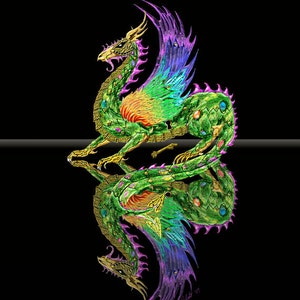May include: A green dragon with gold and purple accents is depicted in a digital illustration. The dragon has a long tail and wings, and its body is covered in scales. The dragon is reflected in a black surface below it.
