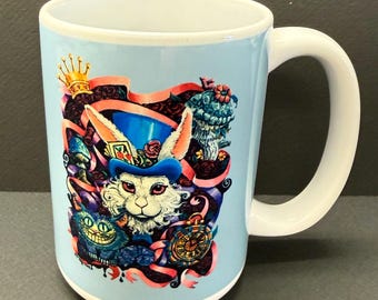 white rabbit, 15 oz mug, ceramic mug, dishwasher proof, microwave proof, dye sublimation,