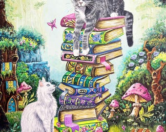 Cat Tales, 16x20 frame size, double matted, print size 11x14 frame ready, limited edition, wizard cat and dragon