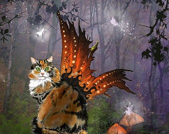 Calico Cat, This is an American trading card, great for albums, trading, small places, table frames, winged cat, bast, dragon, winged dragon