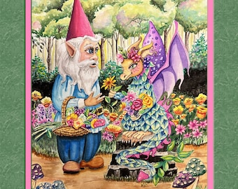 Flora's Florals, 8x10 frame size, double faux mat, frame ready, gnome and dragon, flower dragon, dragon and gnome, flowers, detailed