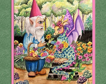Flora's Florals, 8x10 frame size, double faux mat, frame ready, gnome and dragon, flower dragon, dragon and gnome, flowers, detailed