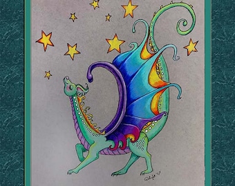 My Stars, dragon and stars, strutting dragon, dragon art print, dragon wall print, dragon, an 8x10 art print, cute dragon, whimsical dragon