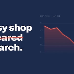 Könnte beinhalten: Dunkelblaue Grafik mit weißem Text: "Ihr Etsy-Shop ist aus der Suche verschwunden." Ein roter Strich durchstreicht das Wort "verschwunden". Ein Diagramm zeigt einen Abwärtstrend. Unten steht "Hier ist die genaue Lösung."