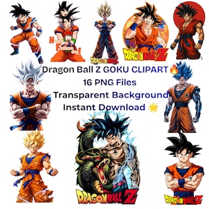 May include: A collection of Dragon Ball Z Goku digital clipart featuring 16 PNG files with transparent backgrounds. The images display Goku in various poses, including Super Saiyan forms, with the text Dragon Ball Z GOKU CLIPART 16 PNG Files Transparent Background Instant Download.