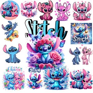 K&ouml;nnte beinhalten: Eine Sammlung digitaler Illustrationen mit der blauen Figur Stitch und der rosa Figur Angel in verschiedenen Posen, umgeben von Blumen, Schmetterlingen und Sternen, wobei der Text Stitch und Ohana in mehreren Designs enthalten ist.
