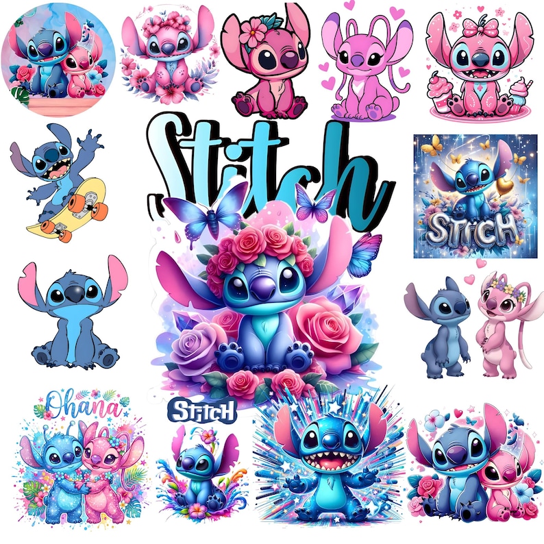 K&ouml;nnte beinhalten: Eine Sammlung digitaler Illustrationen mit der blauen Figur Stitch und der rosa Figur Angel in verschiedenen Posen, umgeben von Blumen, Schmetterlingen und Sternen, wobei der Text Stitch und Ohana in mehreren Designs enthalten ist.