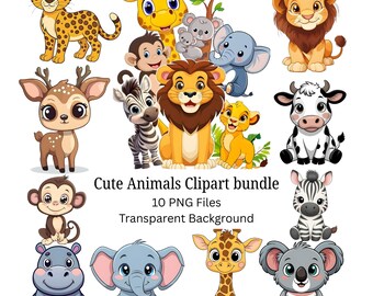 Cute Safari Animals Clipart PNG Bundle, Kawaii Jungle Animal Clipart, Lion Elephant Giraffe Zebra Nursery, Commercial Use, Instant Download
