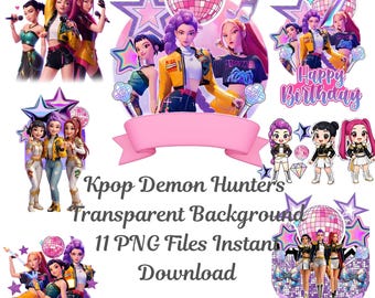 Kpop Demon Hunters Inspired Clipart PNG Bundle, Anime Girl Warrior Clipart, Fantasy Kpop Characters, Transparent Background, Commercial Use