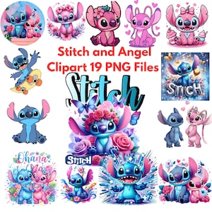 K&ouml;nnte beinhalten: Eine Sammlung von 19 digitalen Clipart-Bildern mit den Charakteren Stitch und Angel in verschiedenen Posen, darunter sitzend mit Blumen, auf einem Skateboard und umgeben von Herzen, mit dem Text Stitch and Angel Clipart 19 PNG Files.