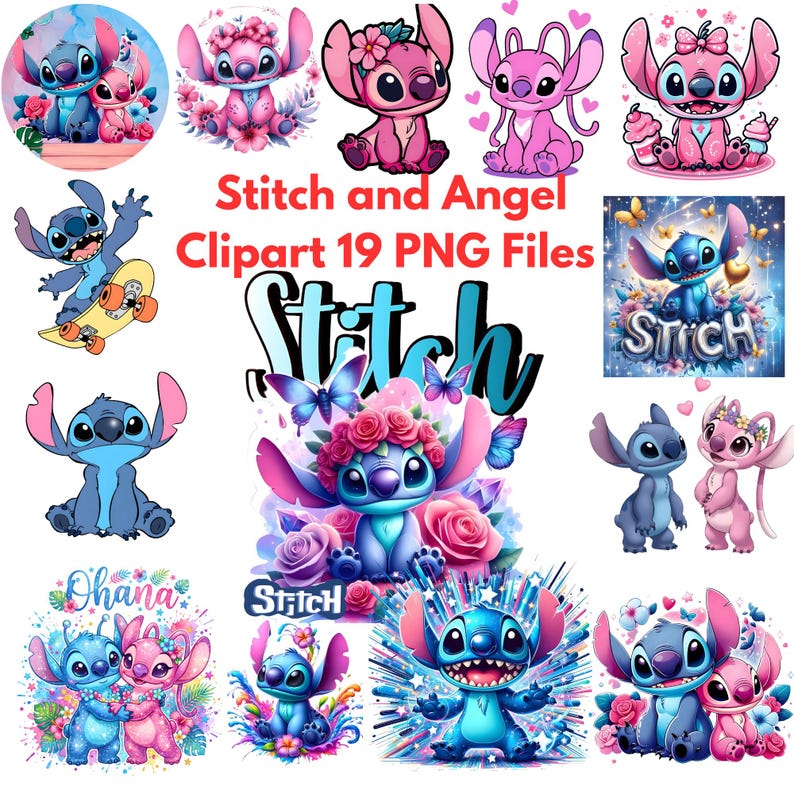 K&ouml;nnte beinhalten: Eine Sammlung von 19 digitalen Clipart-Bildern mit den Charakteren Stitch und Angel in verschiedenen Posen, darunter sitzend mit Blumen, auf einem Skateboard und umgeben von Herzen, mit dem Text Stitch and Angel Clipart 19 PNG Files.