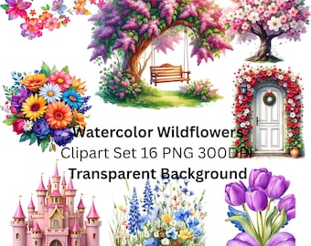 Watercolor Wildflower Clipart Set, 16 PNG Transparent Background, Floral Botanical Digital Download, Commercial Use Instant Download