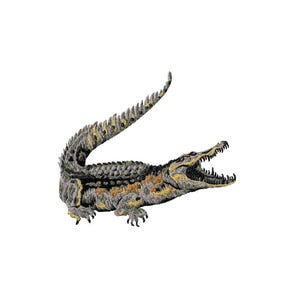 May include: An embroidered patch featuring a detailed crocodile with its mouth open, showcasing sharp teeth. The design uses shades of grey, black, and muted yellow threads to create a textured, realistic appearance of scales and skin.