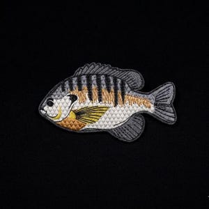 May include: Embroidered patch of a bluegill fish, featuring detailed stitching. The fish has a gray and black striped back, a yellow and orange belly, and a white underbelly. The patch is designed to be ironed on or sewn onto fabric.