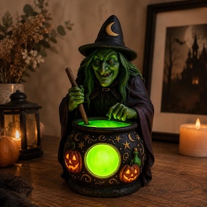 Witch Cauldron LED Lamp – Spooky Green Glow Halloween Decor Light