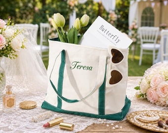 Borsa tote in tela ricamata personalizzata, borse tote per damigelle d'onore, borse tote personalizzate con iniziali, regalo per addio al nubilato