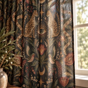 Latin Inspired Animal Sheer Curtain Panel, Botanical Folk Art Decor, Boho Maximalist Window Treatment (50"X84")