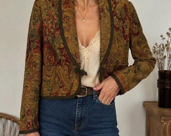 Veste tapisserie vintage bohème chic à fleurs kaki bronze bordeaux rose